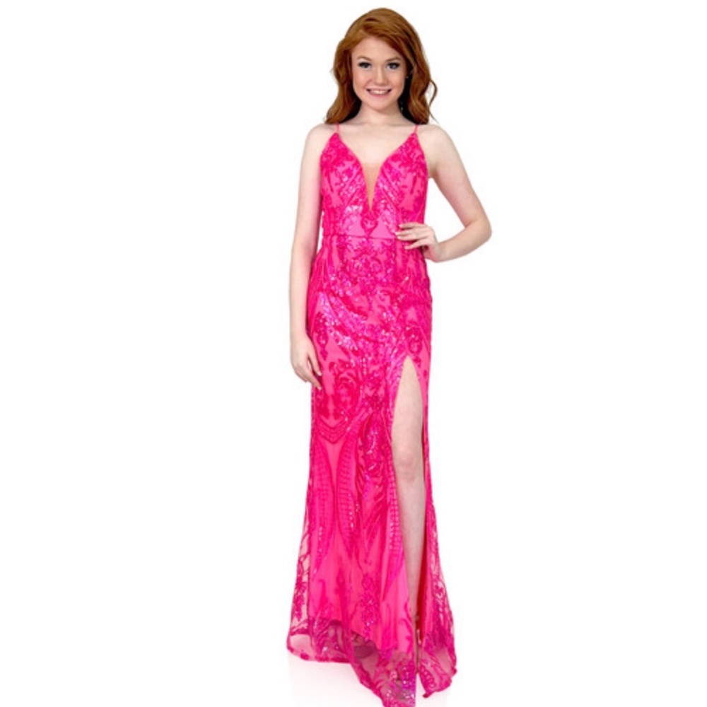 Marc defang Hot Pink V-Neck Sequin Prom Gown with Thigh Slit